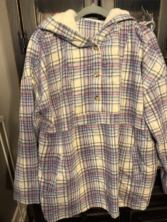 Liam & co Tops - Plaid Sherpa-Lined Hooded Pullover - White with Pink & Blue